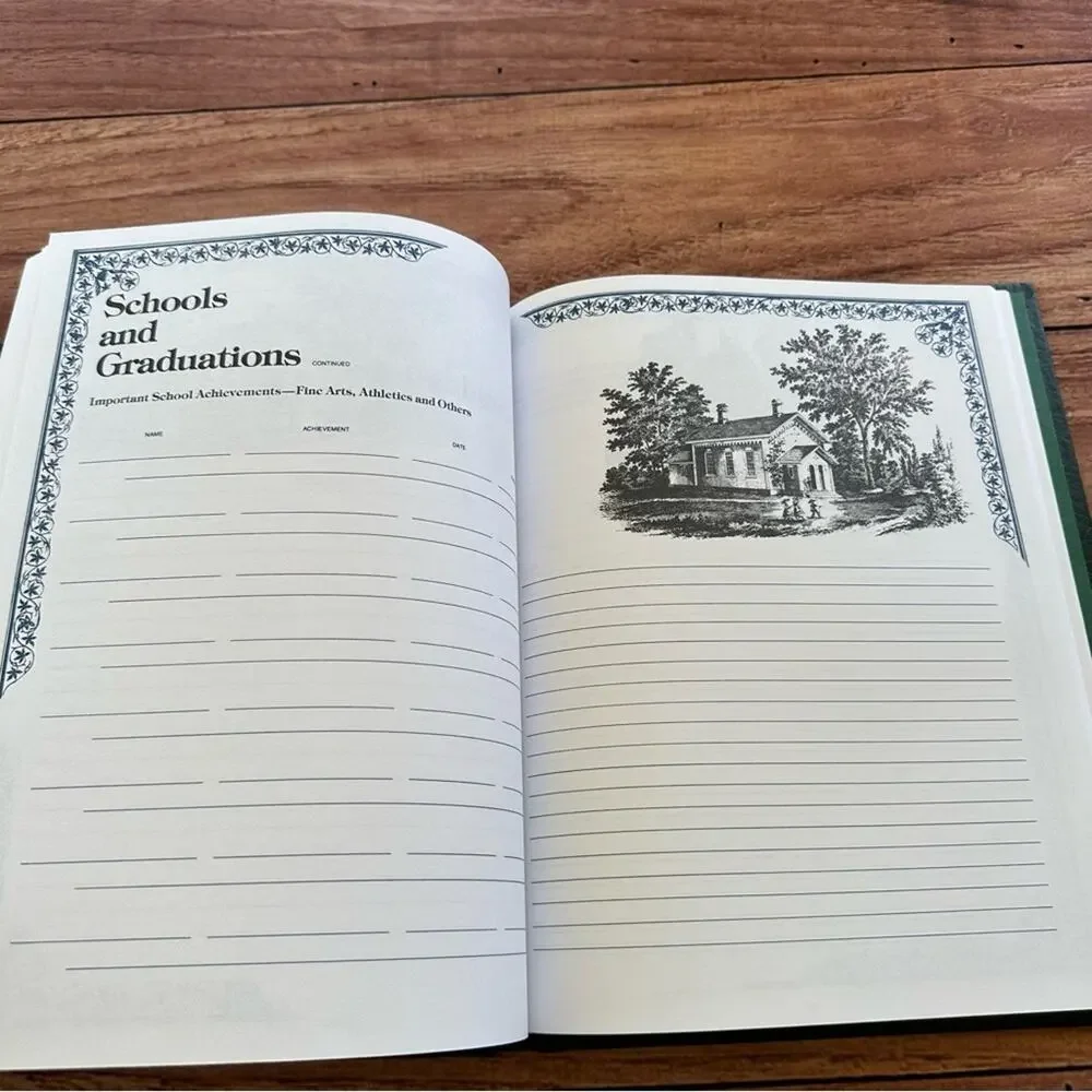 Vintage 70s blank leather bound and illustrated family tree and history journal